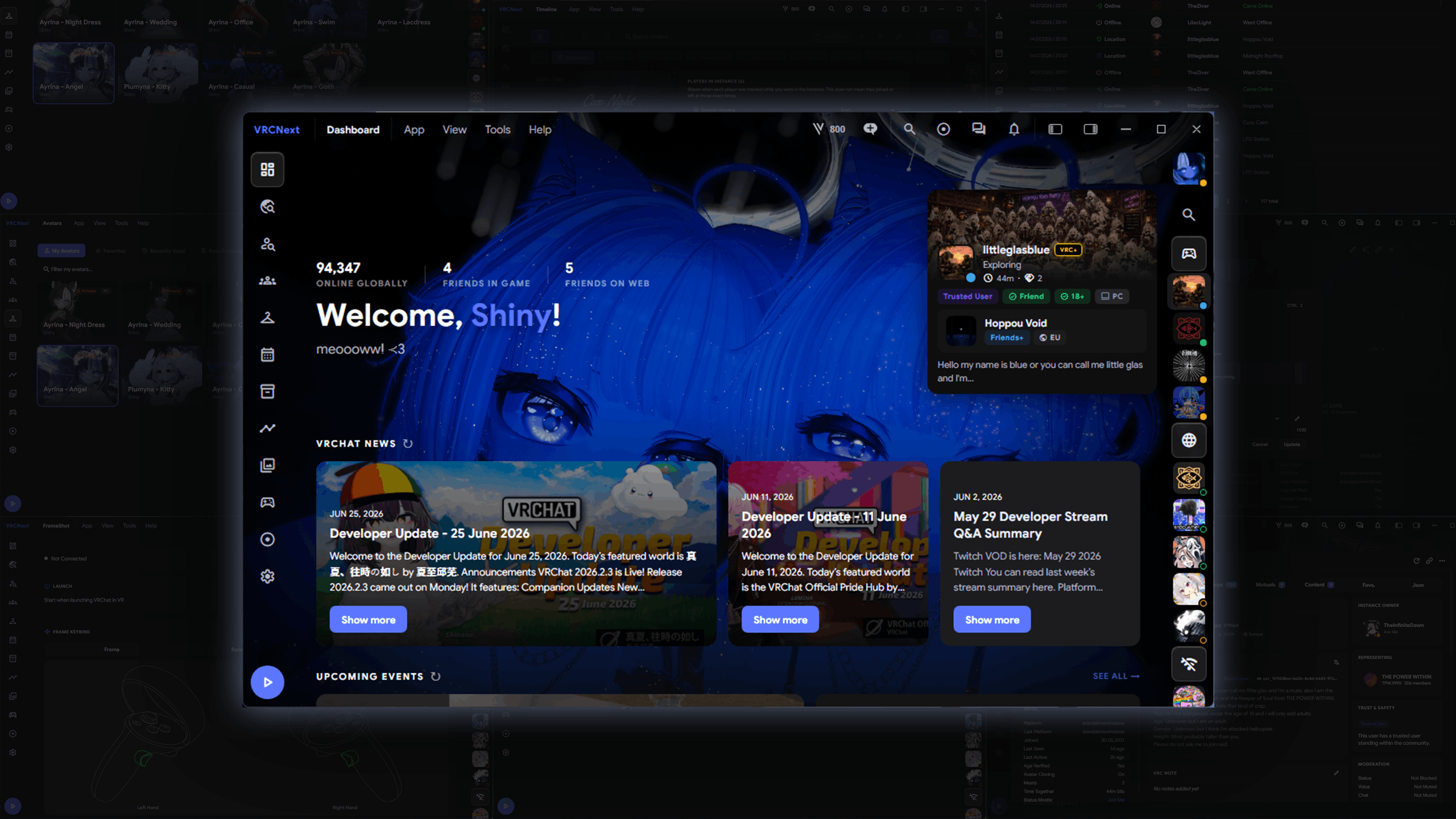 VRCNext dashboard showing VRChat friends, news and events