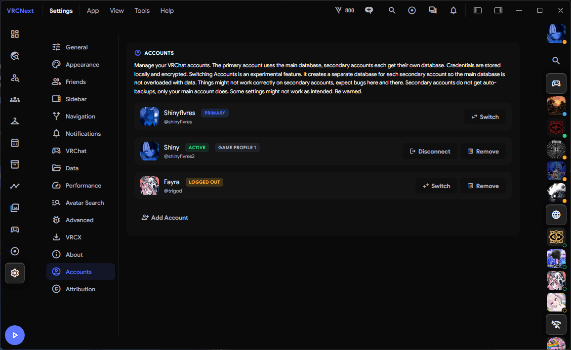 VRCNext multi account support for switching VRChat accounts