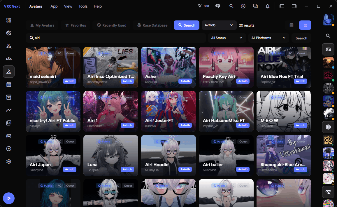 VRCNext avatar database search across millions of VRChat avatars