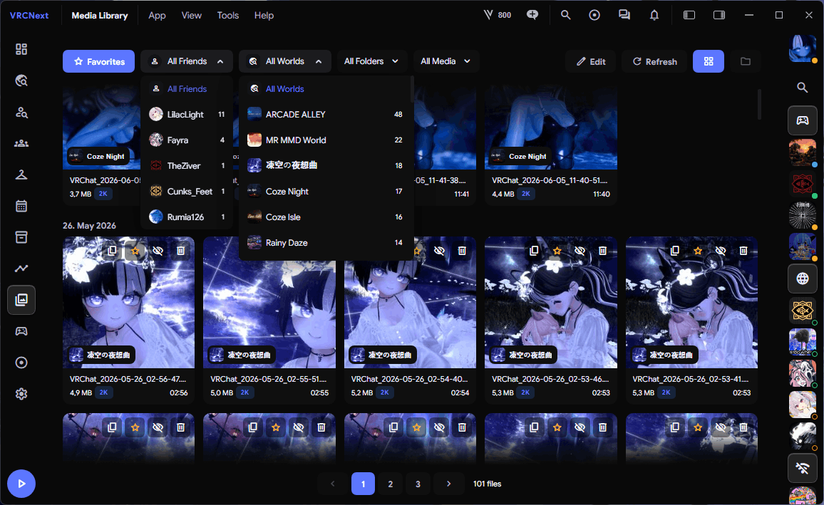 VRCNext photo management for VRChat screenshots by world and friends