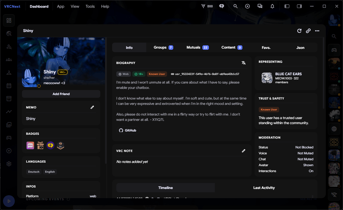 VRCNext enhanced VRChat profile view with bio, groups and moderation