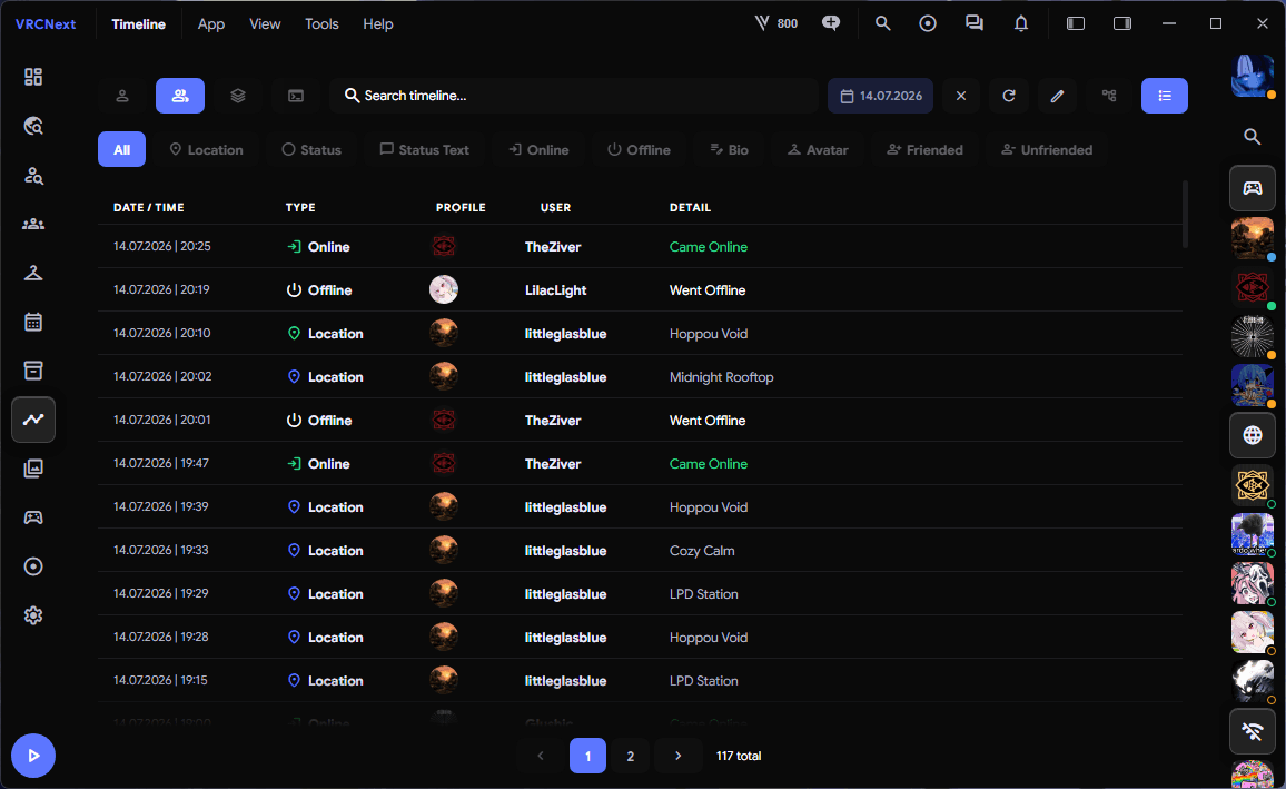 VRCNext activity timeline tracking VRChat friend locations and status